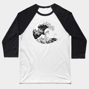 Kanagawa Black Wave with Surfing Cat Baseball T-Shirt